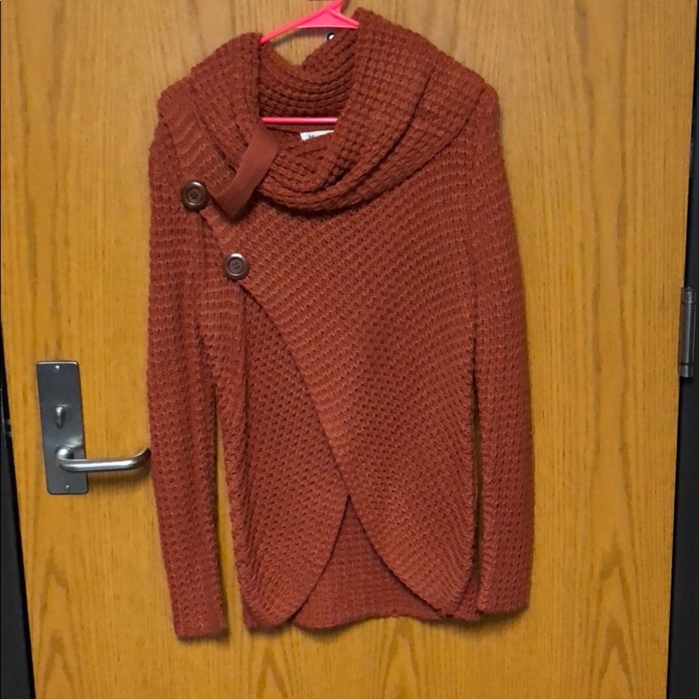 Dark orange cowl neck sweater with buttons